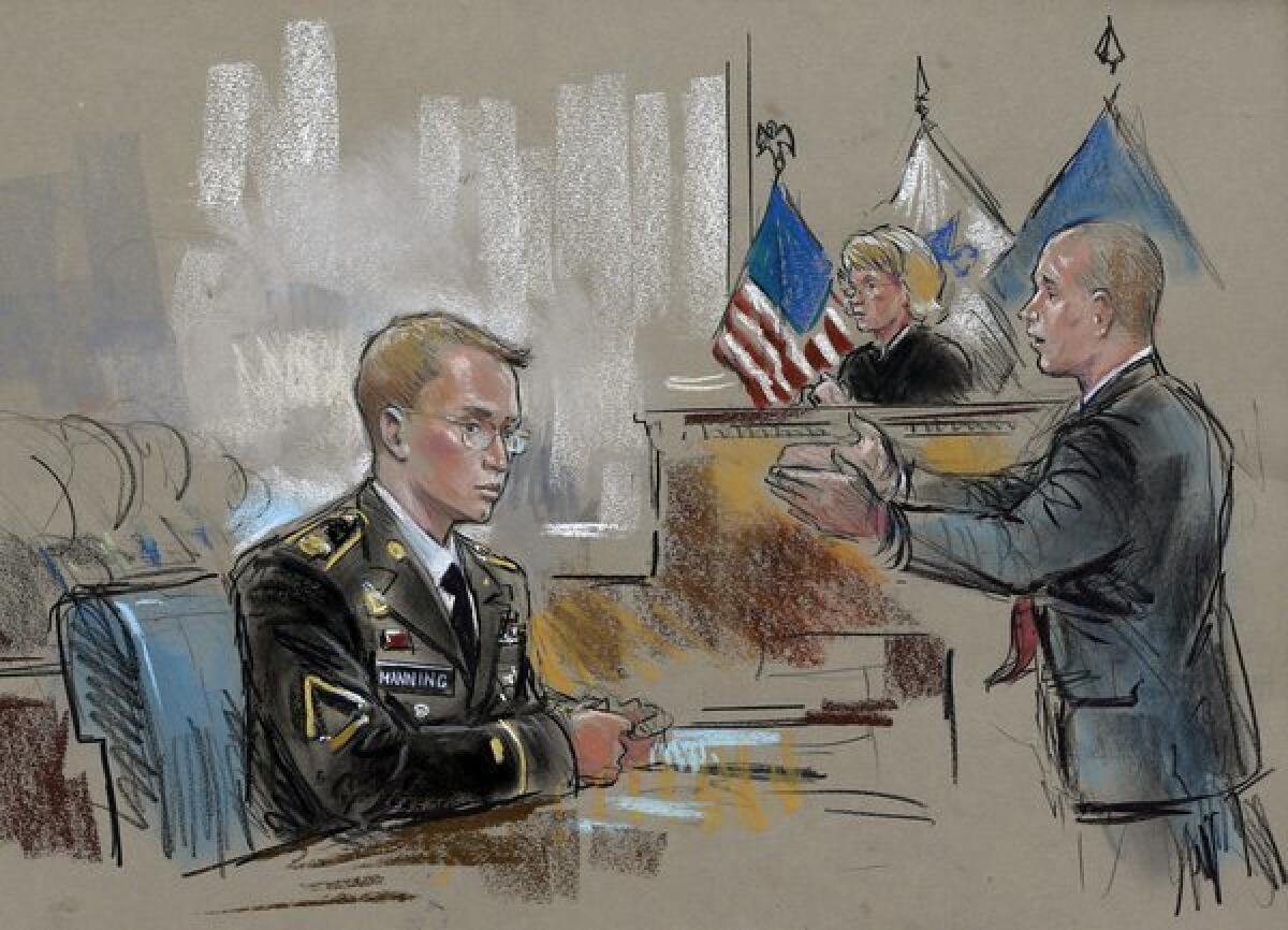In this courtroom sketch, Bradley Manning watches as his chief defense attorney, David Coombs, speaks in front of military judge Army Col. Denise Lind on the opening day of Manning's court-martial in Fort Meade, Md.
