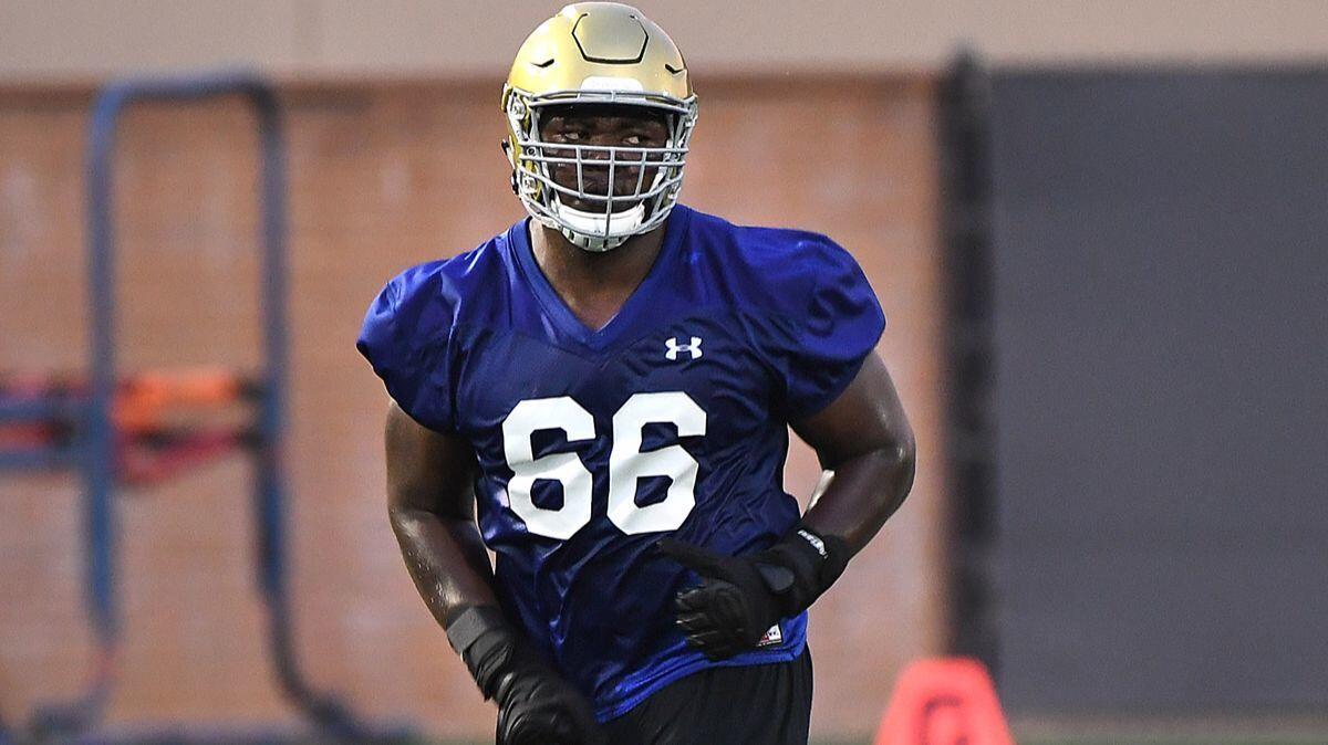 UCLA football's Sunny Odogwu practices with the team at the Bruins' facility on Aug. 2.