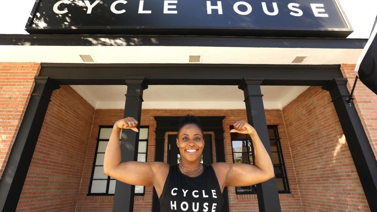 Nichelle Hines shows what she's made of before giving a cycle class at the Cycle House in Studio City.