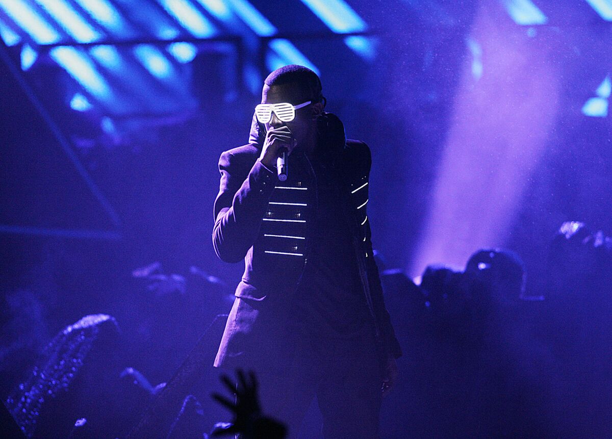 Kanye West performs at the 50th annual Grammy Awards at the Staples Center in 2008.
