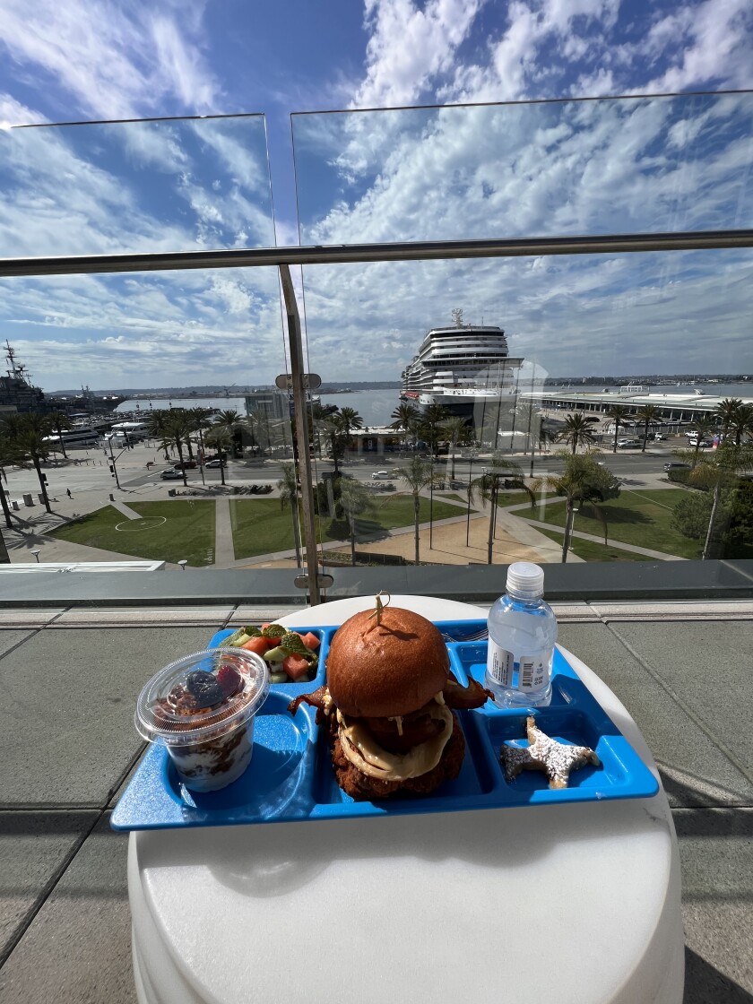 An airplane-style meal at Layover Lounge at the InterContinental Hotel in downtown San Diego.