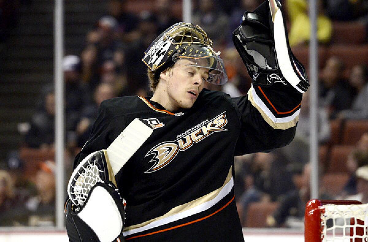 Ducks goalie Jonas Hiller after giving up a fourth goal to the Predators on Friday night.