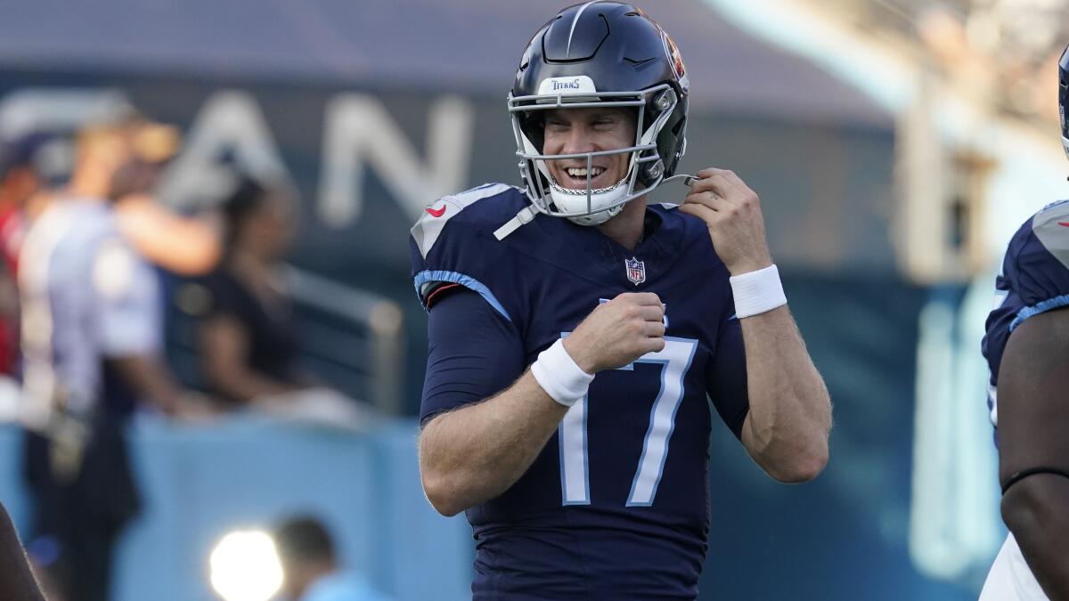 Tennessee Titans quarterback Will Levis (8) looks to the sideline