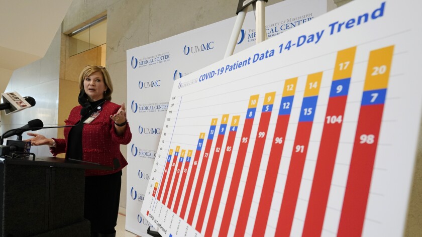 Dr. LouAnn Woodward, University of Mississippi Medical Center COVID-19 incident commander and dean of the School of Medicine, refers to a graph outlining the rising number of COVID-19 patients over a 14-day period at the medical center during a news briefing at the school in Jackson, Miss., on the spread of the omicron variant, Tuesday, Jan. 11, 2022. (AP Photo/Rogelio V. Solis)