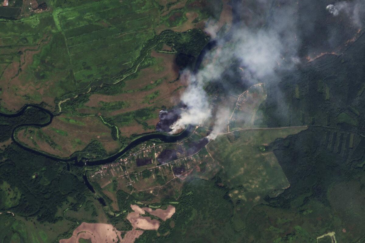 Satellite image of fires near the village of Krasnooktyabrskoe in Russia's Kursk region.