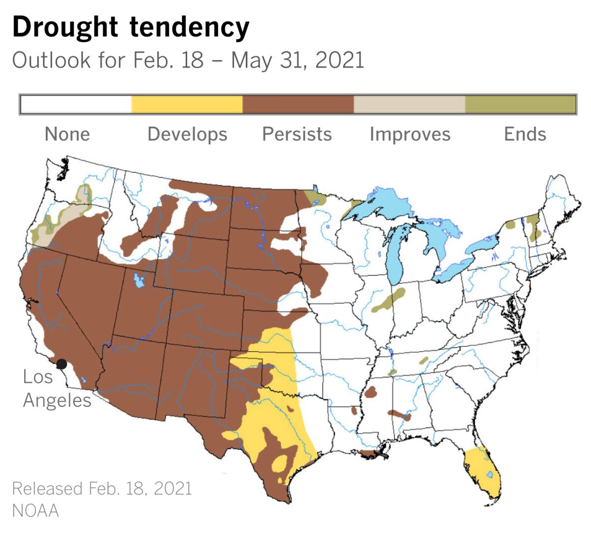 Map of the U.S. shows most of the West with an outlook for persistent drought