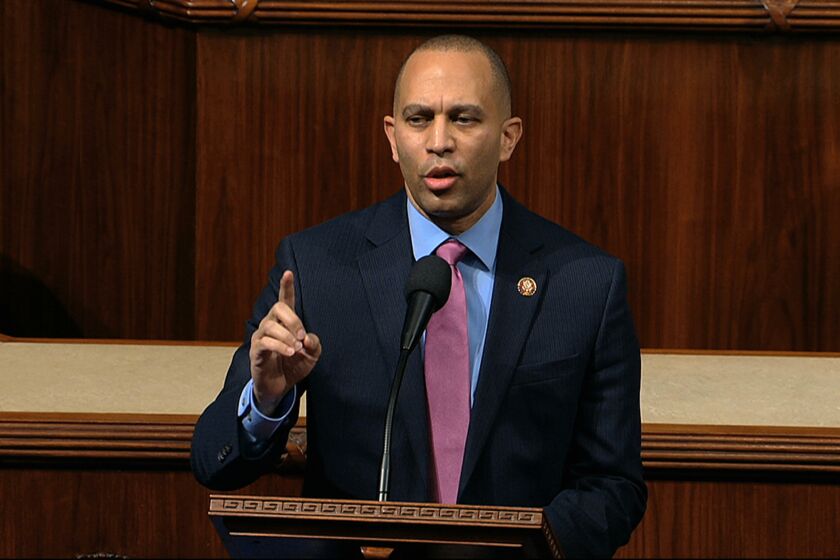 Rep. Hakeem Jeffries, D-N.Y., speaks as the House of Representatives debates the articles of impeachment against President Donald Trump at the Capitol in Washington, Wednesday, Dec. 18, 2019. (House Television via AP)
