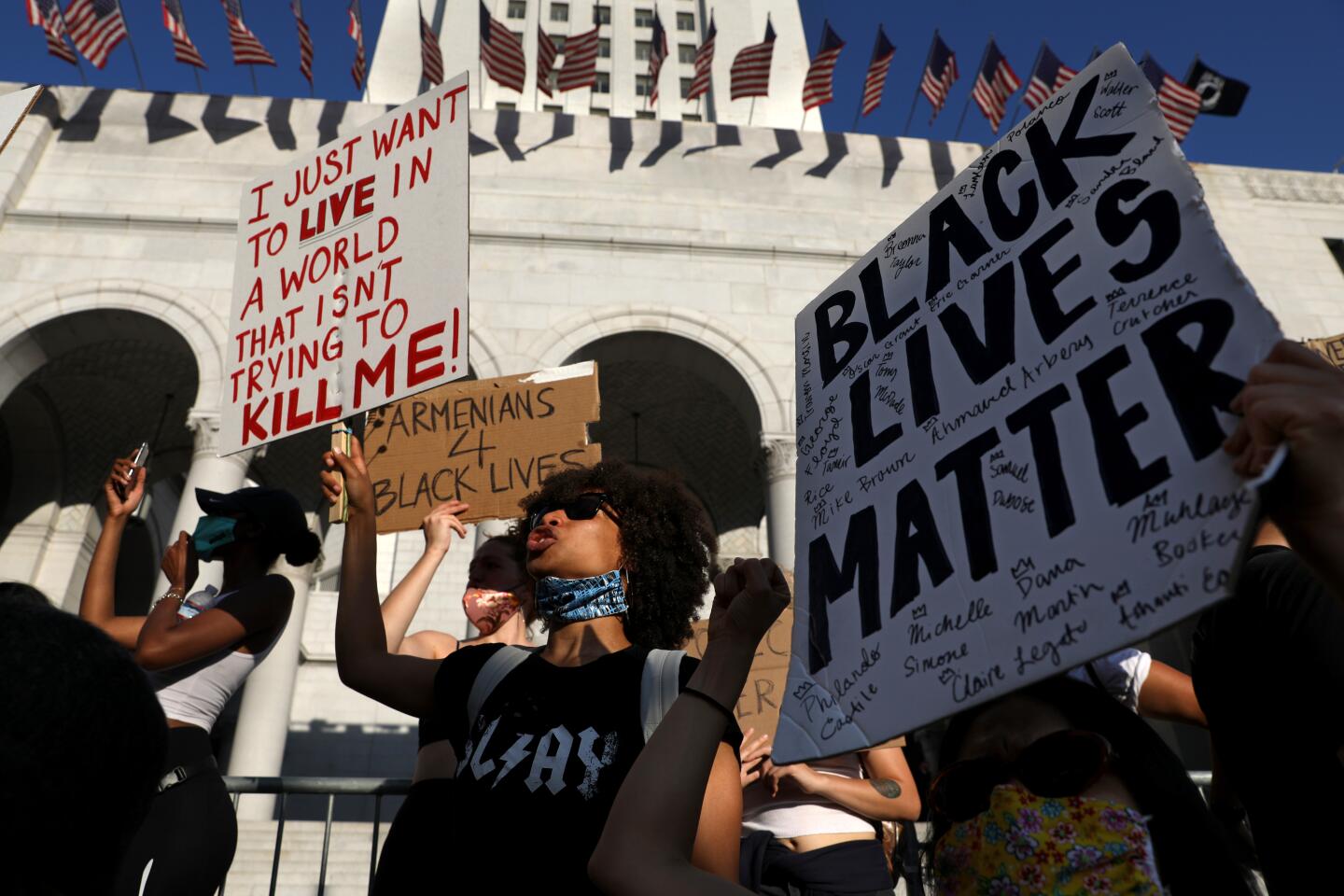 A huge crowd gathers in downtown Los Angeles to protest the death of George Floyd