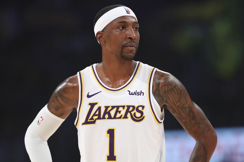 LOS ANGELES, CALIFORNIA - OCTOBER 27: Kentavious Caldwell-Pope #1 of the Los Angeles Lakers looks on during the first half of a game against the Charlotte Hornets at Staples Center on October 27, 2019 in Los Angeles, California. (Photo by Sean M. Haffey/Getty Images)