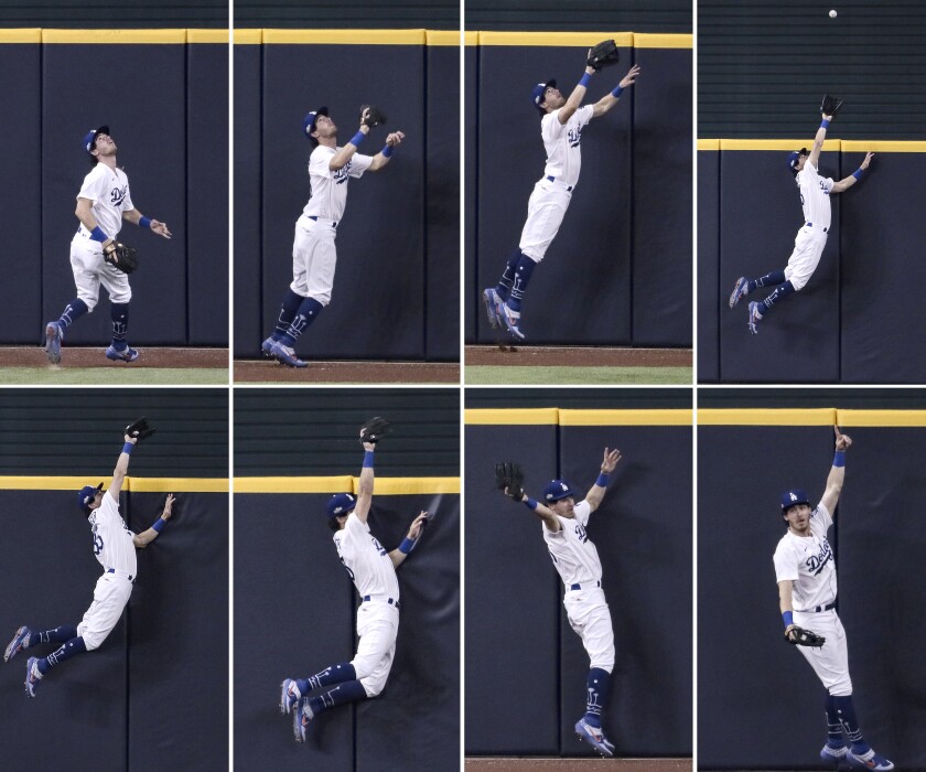 Dodgers center fielder Cody Bellinger robs San Diego's Fernando Tatis Jr. of a home run during Game 2 of the NLDS.