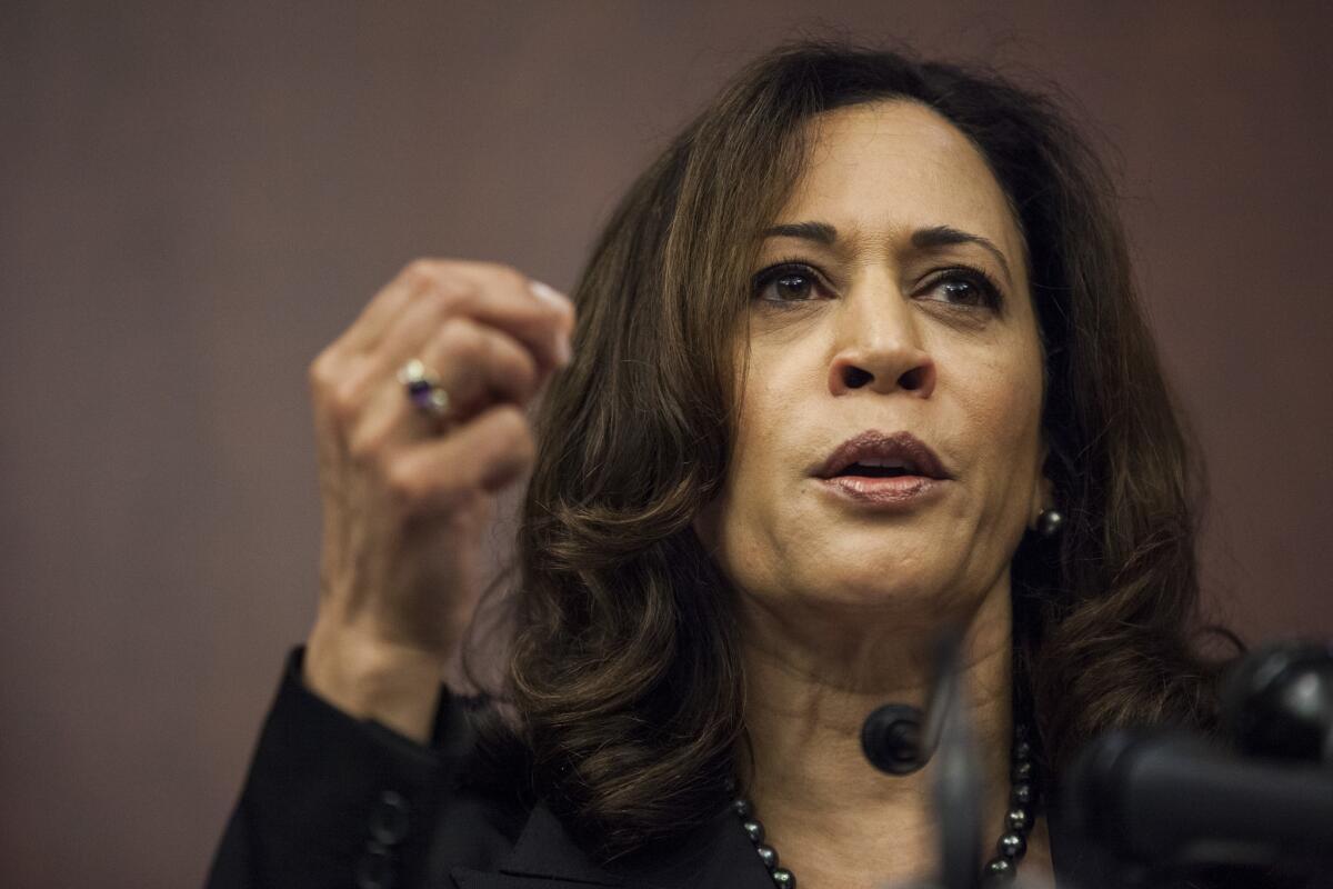 Sen. Kamala Harris (D-Calif.) speaks during a news conference on Capitol Hill on March 28.