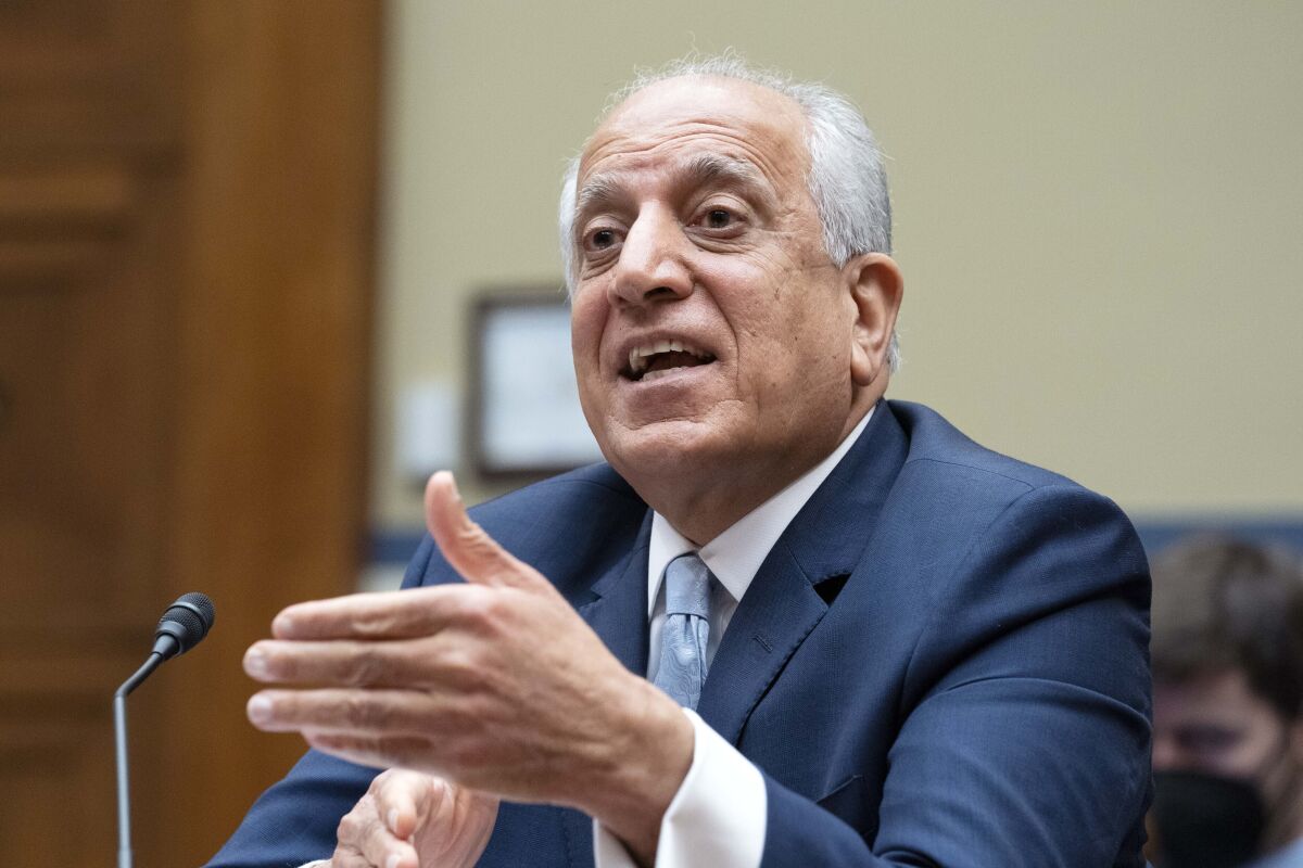 FILE - In this May 20, 2021, file photo, Special Representative for Afghanistan Zalmay Khalilzad speaks during a hearing on Capitol Hill in Washington. Khalilzad is stepping down following the chaotic American withdrawal from the country. The State Department says former ambassador to the United Nations and Afghanistan Zalmay Khalilzad will leave the post this week after more than three years on the job. (AP Photo/Jose Luis Magana, File)