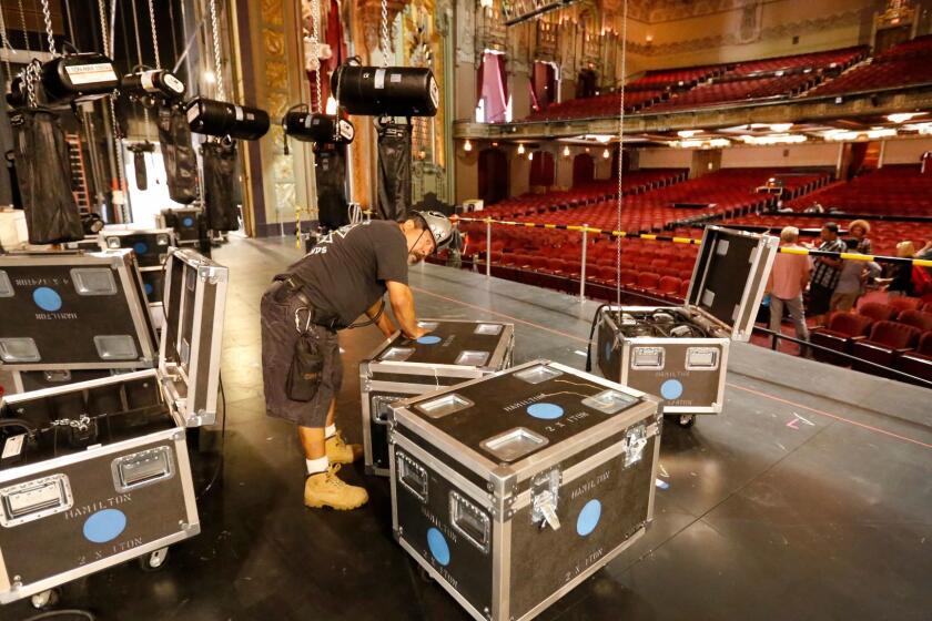 LOS ANGELES, CA ??? JULY 31, 2017: Chain motors and rigging on stage at the Pantages Theatre in Hollywood Monday, July 31, 2017 as stage hands and technical crew prepare for the blockbuster smash hit "Hamilton" moving from New York and San Francisco to Los Angeles. (Al Seib / Los Angeles Times)