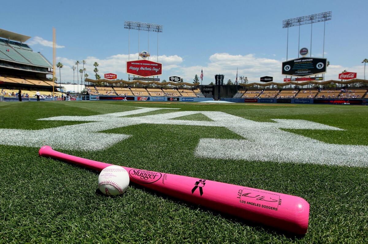 Mother's Day and the battle against cancer was observed around the major leagues with, among other things, pink bats and baseballs with pink stitches, like these at Dodger Stadium.