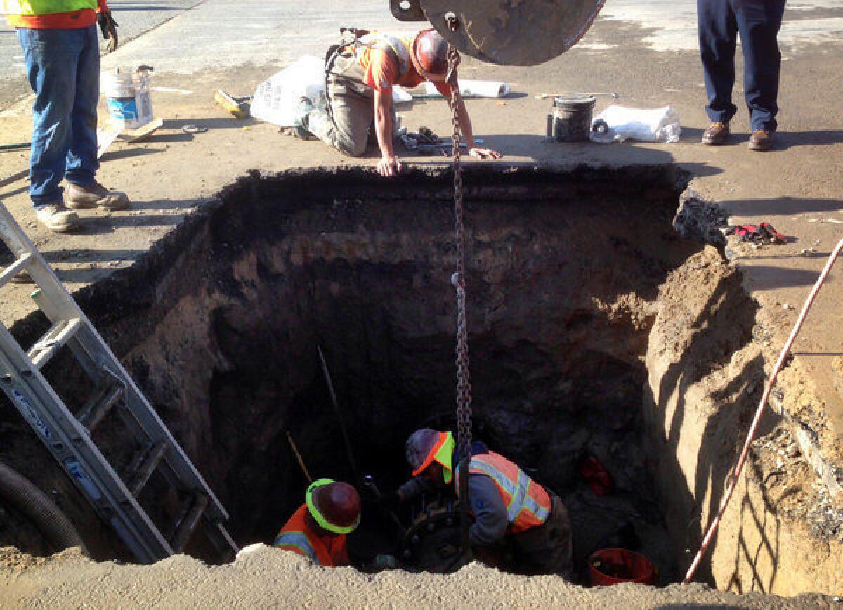 Repairs are underway on a water main break in Simi Valley at the intersection of Tierra Rejada Road and Madera Road.