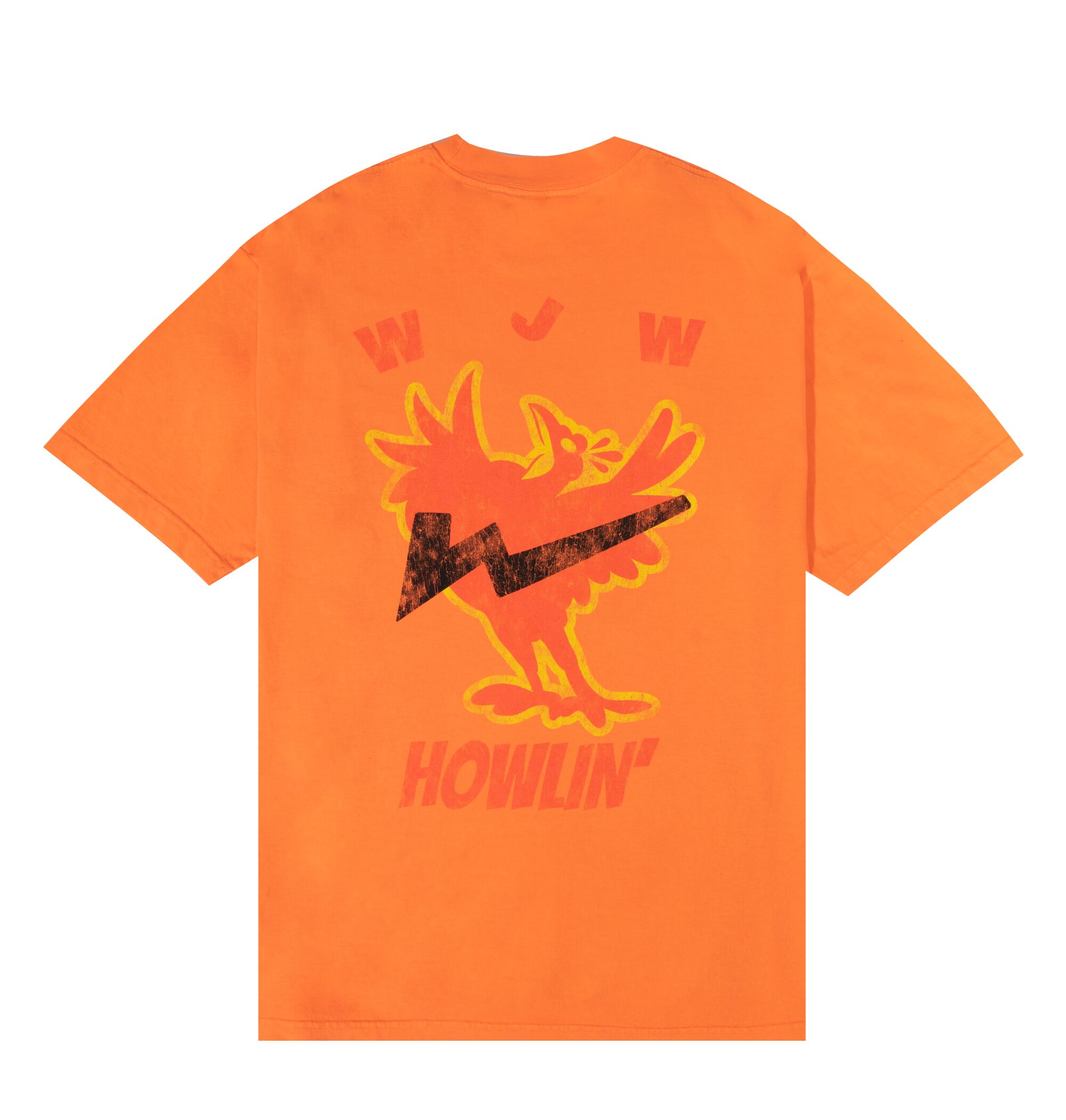 Iconic chicken logo appears on an orange T-shirt