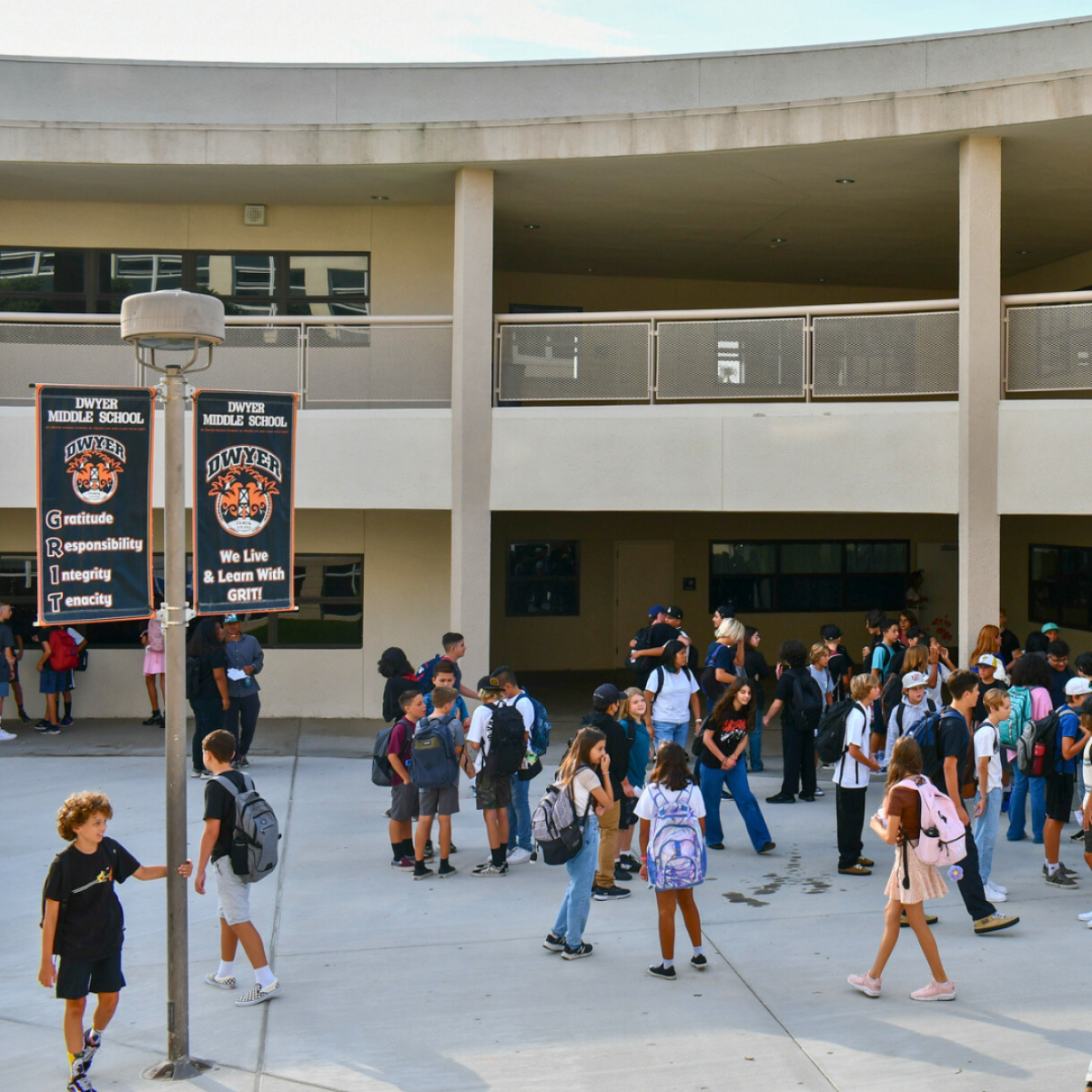 Students gather in the courtyard at Dwyer Middle School in Huntington Beach