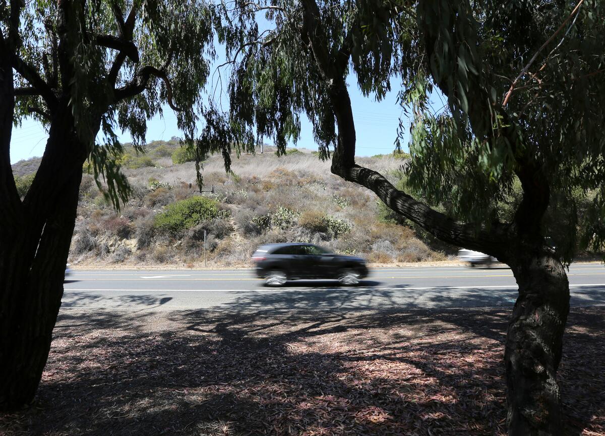 A car drives past on Laguna Canyon Road.