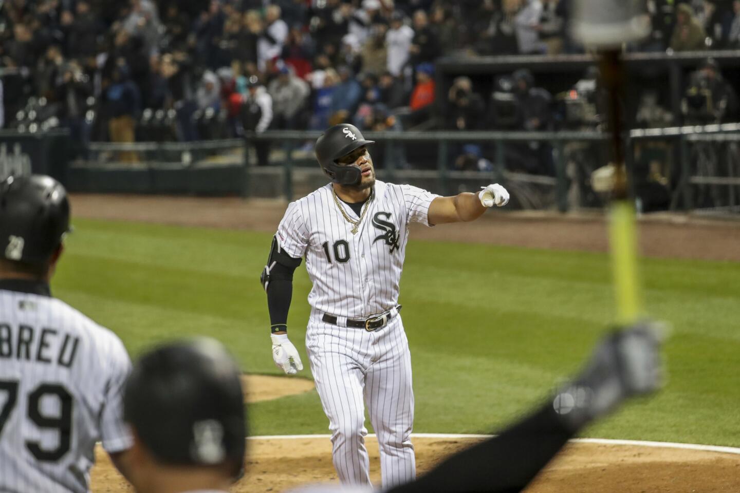 White Sox third baseman Yoan Moncada looks up while crossing home plate after hitting a solo homer during the fifth inning against the Royals on April 16, 2019, at Guaranteed Rate Field.