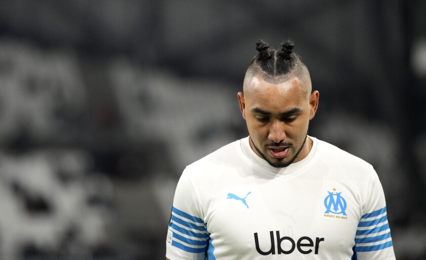 Marseille's Dimitri Payet during the Europa League Group E soccer match between Marseille and Lokomotiv Moscow at the Velodrome stadium in Marseille, France, Thursday, Dec. 9, 2021. (AP Photo/Daniel Cole)