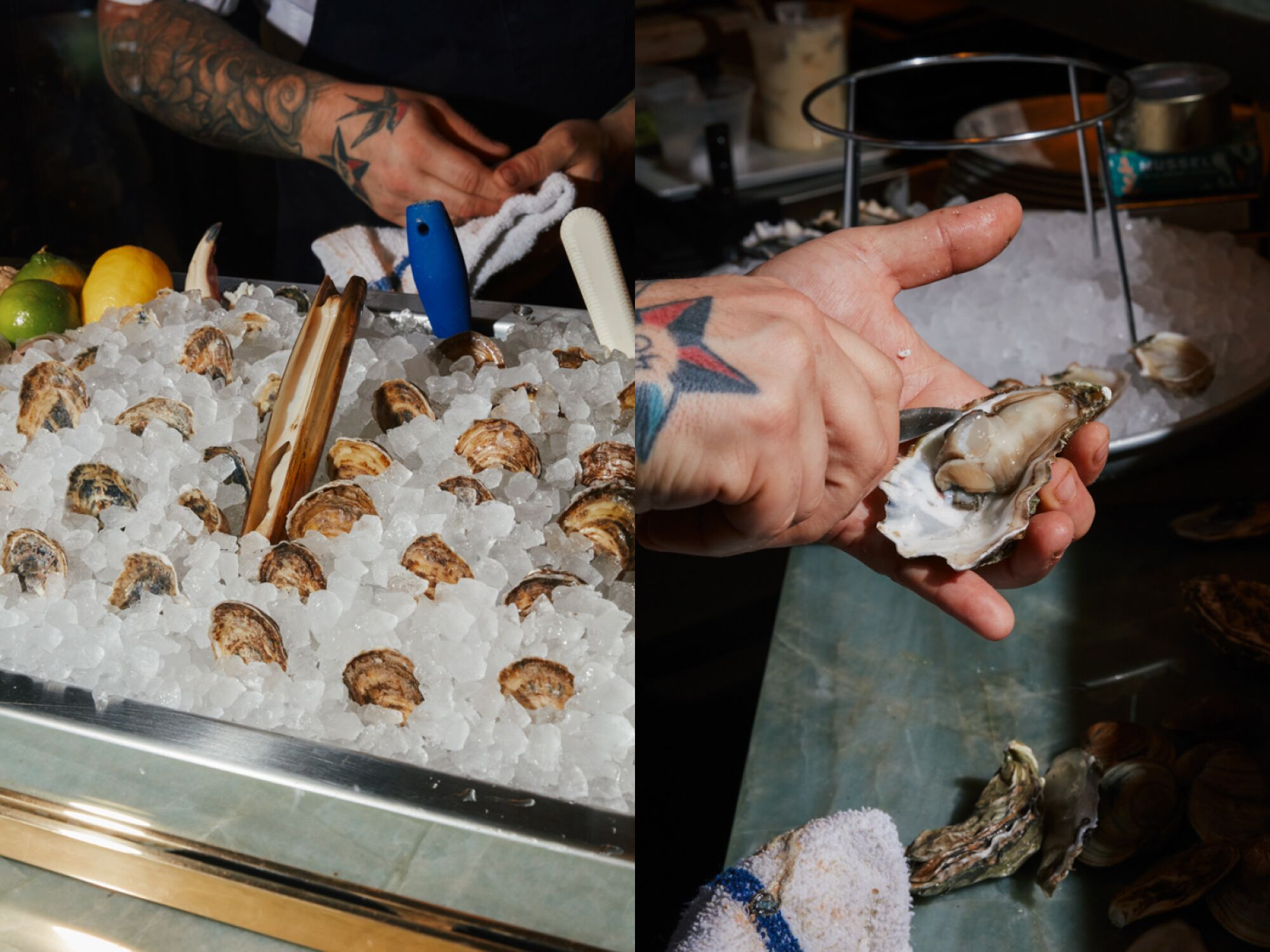 Chef shucks oysters at Saltie Girl in West Hollywood.