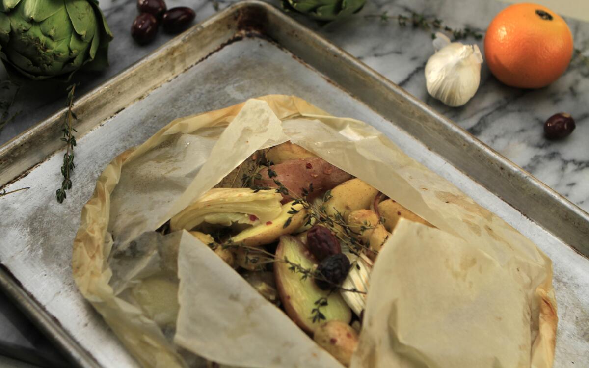 Spring vegetables baked in parchment