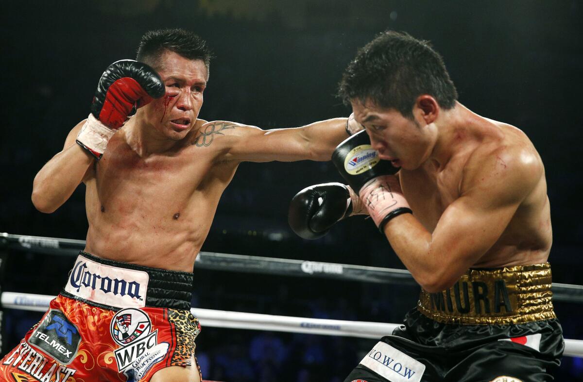 Francisco Vargas, left, lands a jab against Takashi Miura during their WBA super-featherweight title bout Nov. 21, 2015 in Las Vegas.