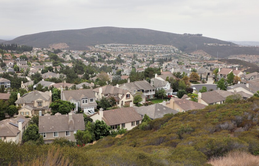 High angle view of homes in the San Elijo area north of San Elijo Road and Elfin Forest Road in south San Marcos. 