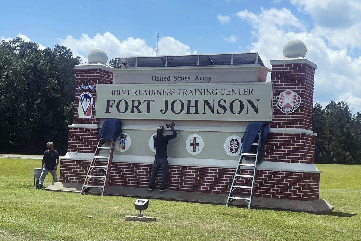 Sign for newly renamed U.S. Army base Ft. Johnson in western Louisiana