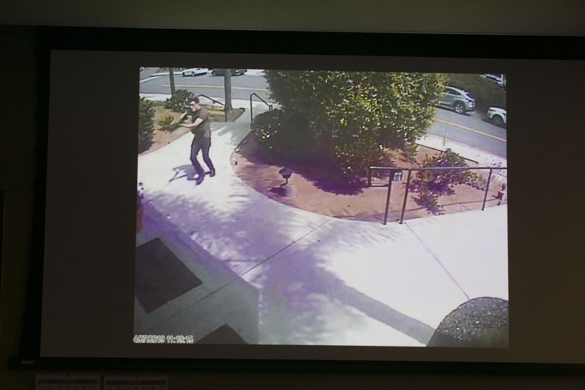 A frame grab of surveillance video showing the defendant entering the synagogue 