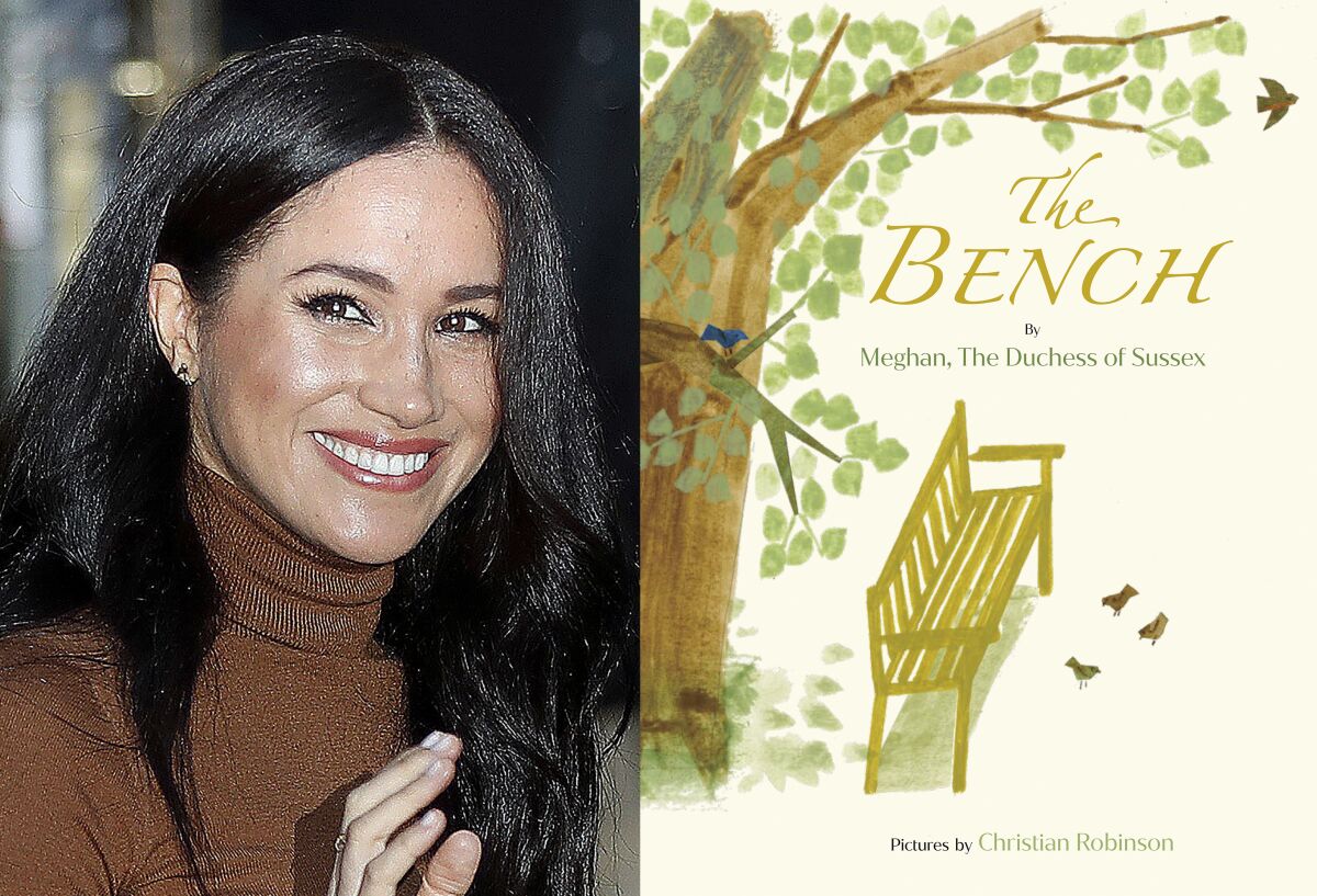 This combination photo shows Meghan, Duchess of Sussex leaving Canada House in London, on Jan. 7, 2020, left, and cover art for her upcoming children's book "The Bench," with pictures by Christian Robinson. The book will publish on June 8. (AP Photo, left, and Random House Children’s Books via AP)