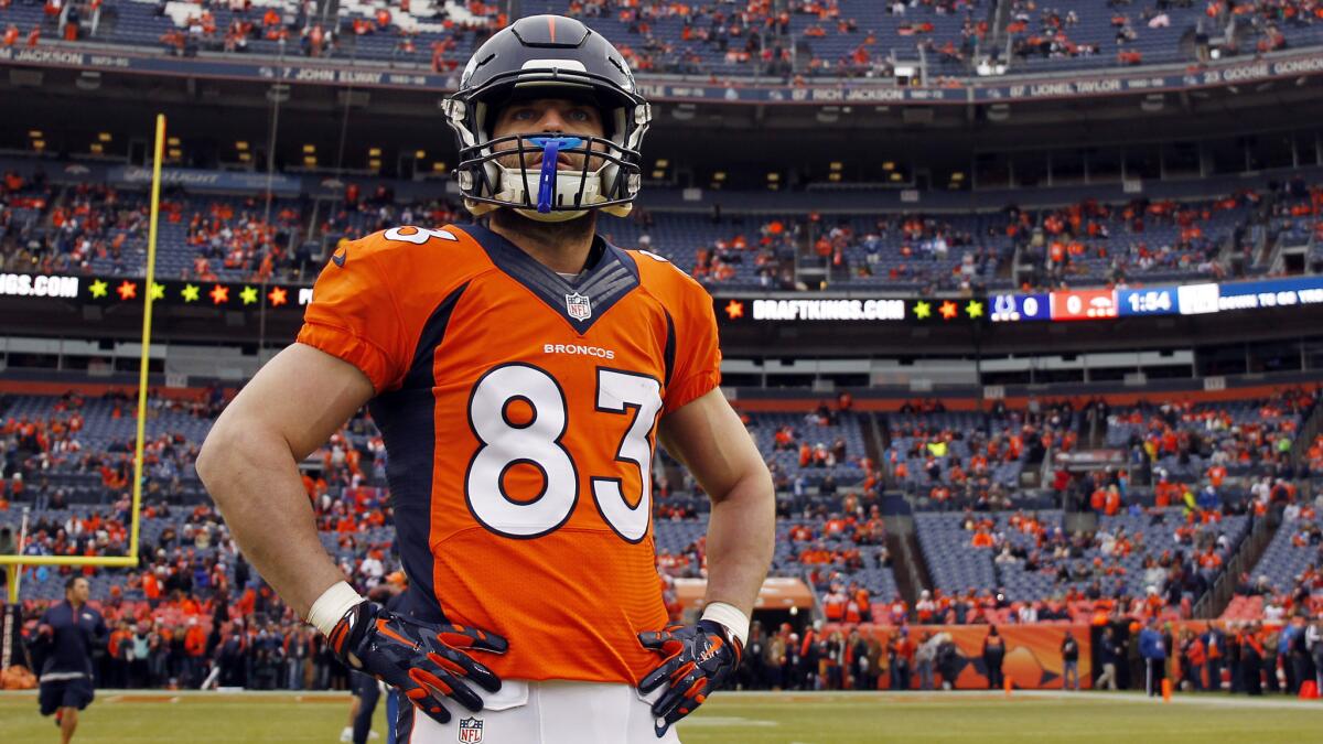 Denver Broncos wide receiver Wes Welker takes the field before an AFC divisional playoff loss to the Indianapolis Colts on Jan. 11.
