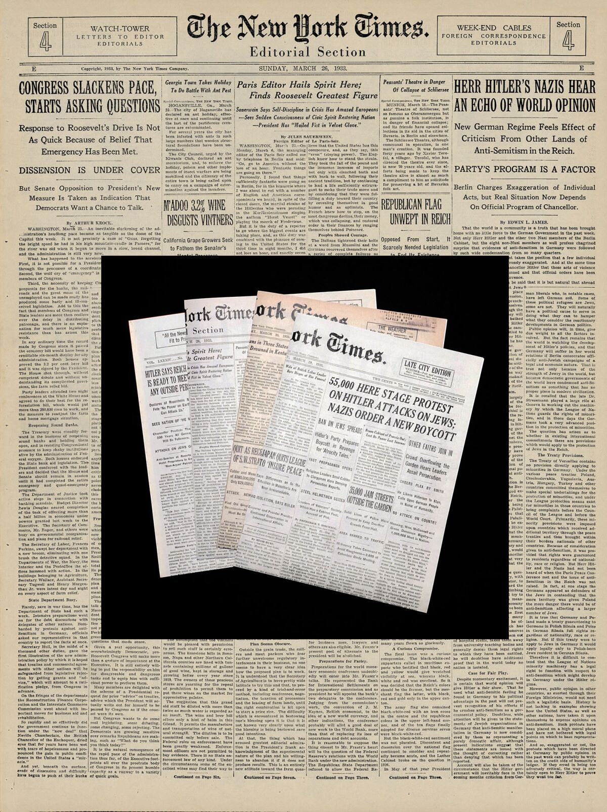 A collaged image shows vintage New York Times covers from the 1930s