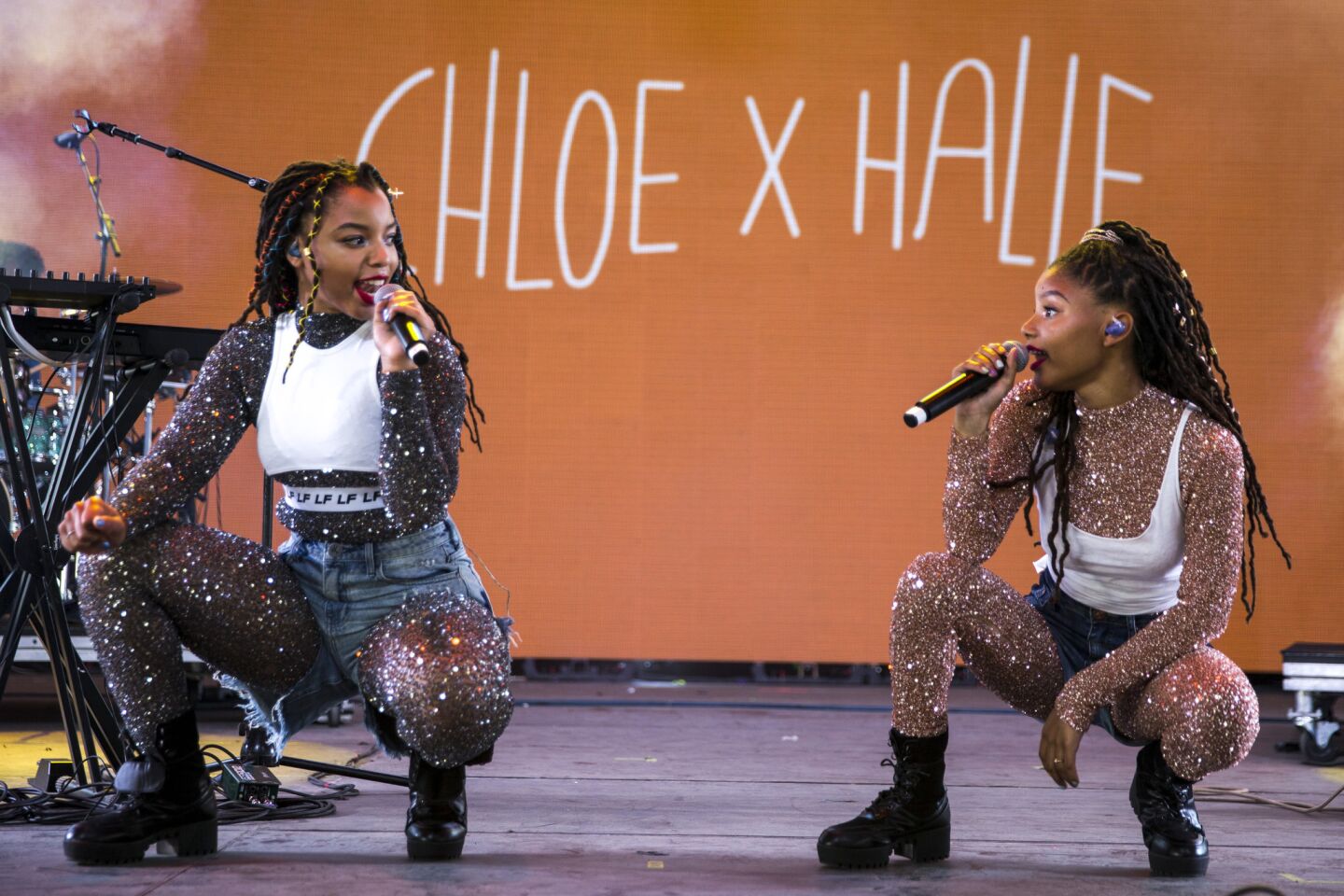 Chloe Bailey, left, and Halle Bailey of Chloe x Halle perform during Day 2 of the Coachella Valley Arts and Music Festival at the Empire Polo Grounds on April 14 in Indio.