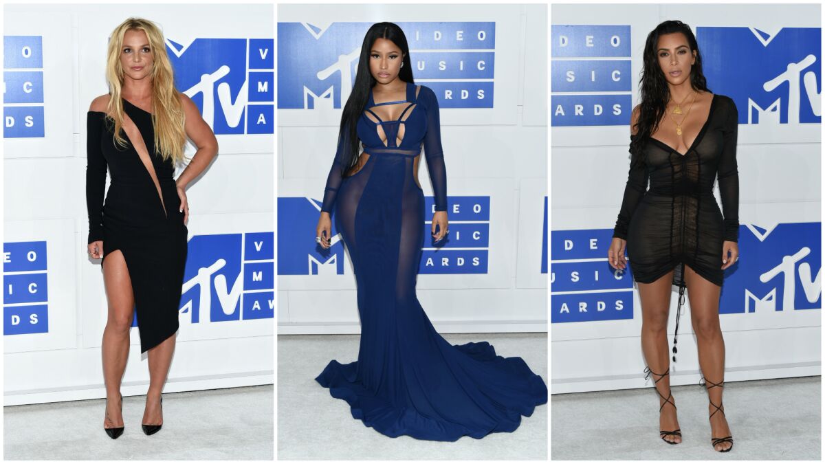 Among those in sheer or skin-baring looks were, from left, Britney Spears, Nicki Minaj and Kim Kardashian West