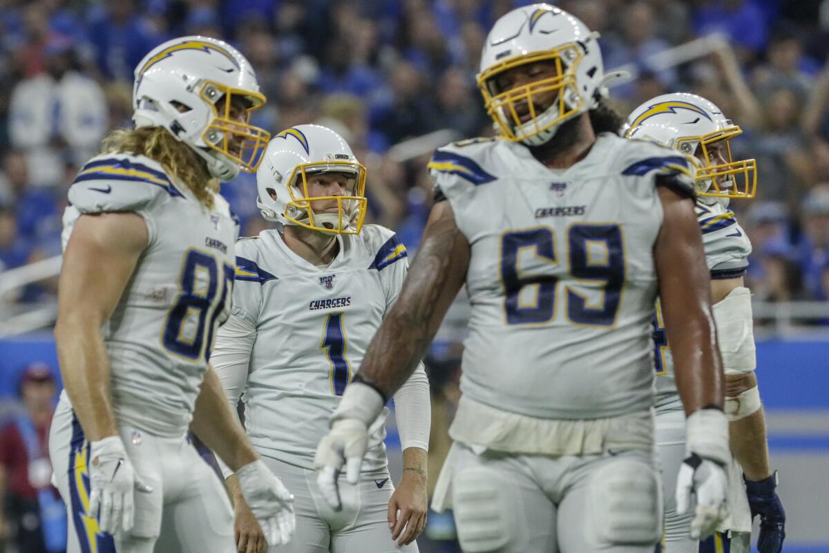 Ty Long and his Chargers teammates react after he missed a 39-yard field-goal attempt against the Detroit Lions on Sunday.