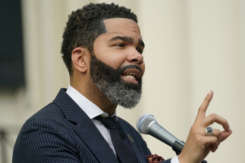 Jackson, Miss., Mayor Chokwe Antar Lumumba speaks at a Sept. 6, 2022, news conference, at City Hall. regarding updates on the ongoing water infrastructure issues. (AP Photo/Rogelio V. Solis)