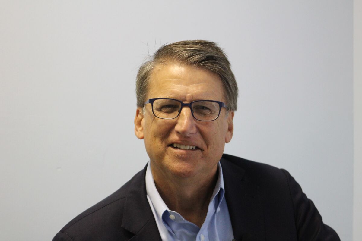 In this Saturday, Sept. 25, 2021, photo, Republican U.S. Senate candidate Pat McCrory poses for a photo in Mount Airy, N.C. (AP Photo/Bryan Anderson)