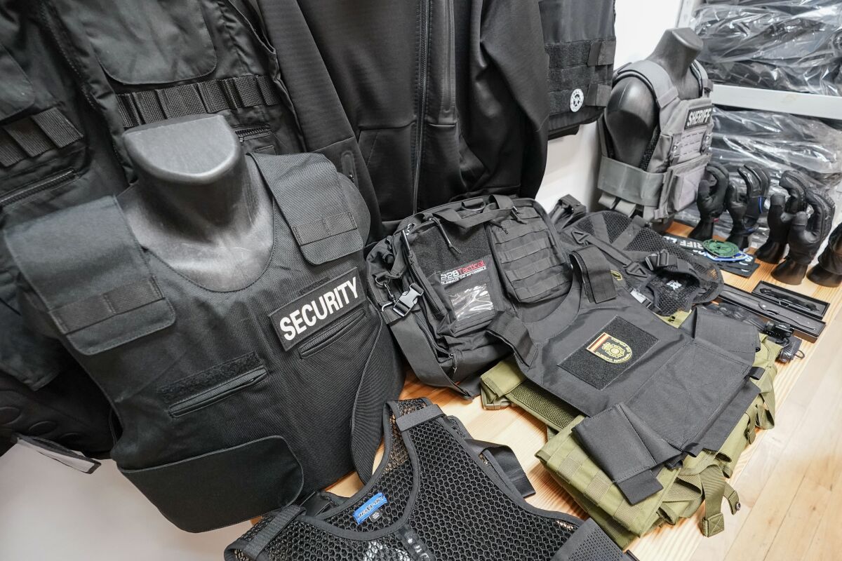 Different levels of body armor sit on display at 221B Tactical headquarters, Tuesday, June 14, 2022, in New York. (AP Photo/Mary Altaffer)