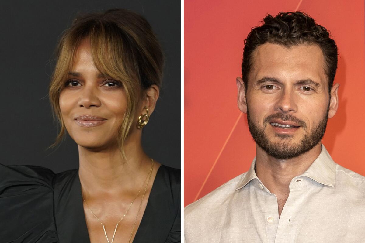 Halle Berry in a black dress smiling in photo at left; Adan Canto with stubble in a white button-down shirt smiling