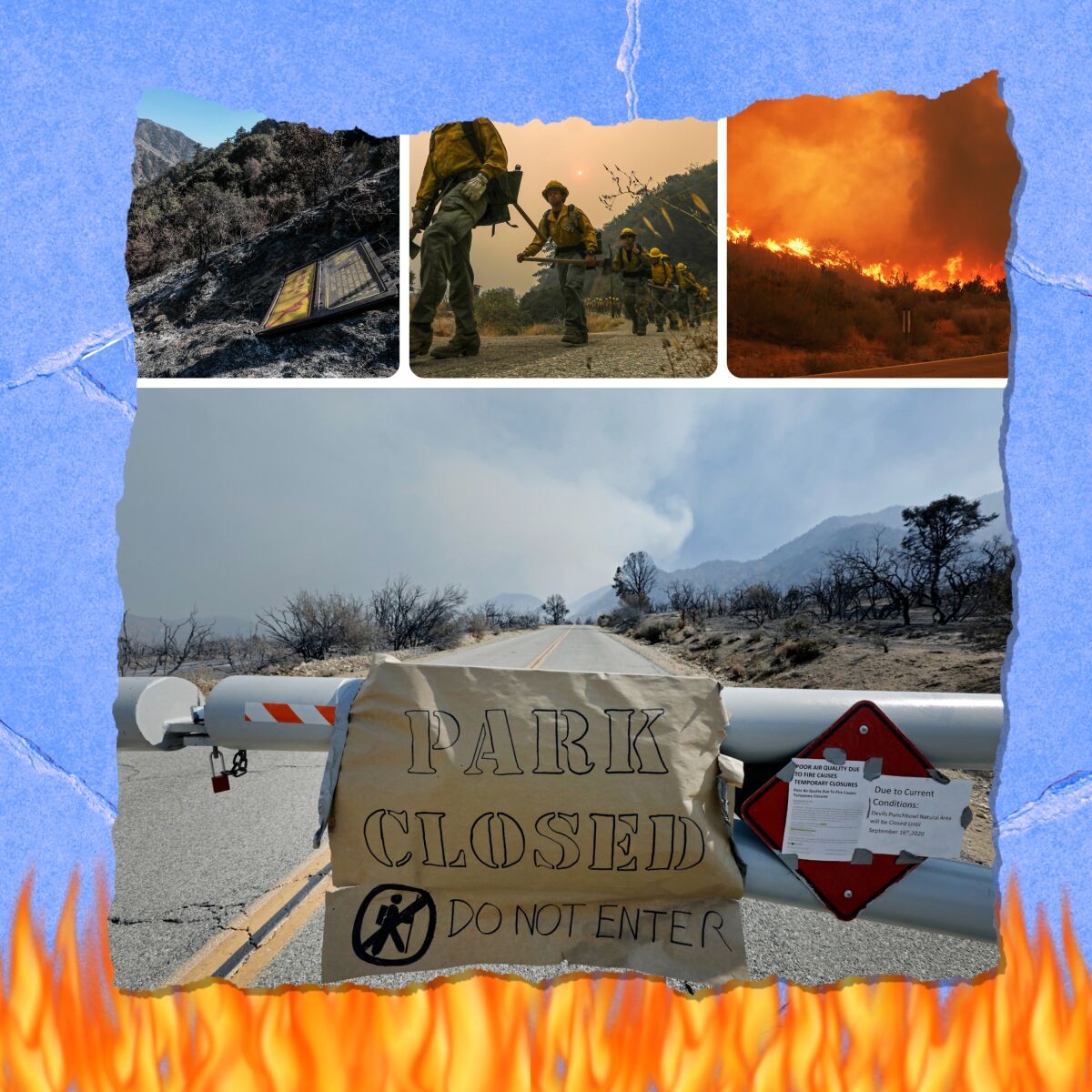 A photo collage shows scorched hills, firefighters carrying axes, intense flames and a 'Do not enter' sign.