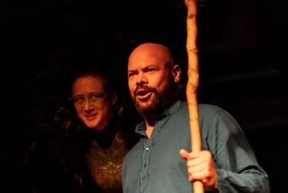 Right to Left: Jin Maley as Ariel and Chris Butler as Prospero in 'The Tempest' at Shakespeare Center of Los Angeles.