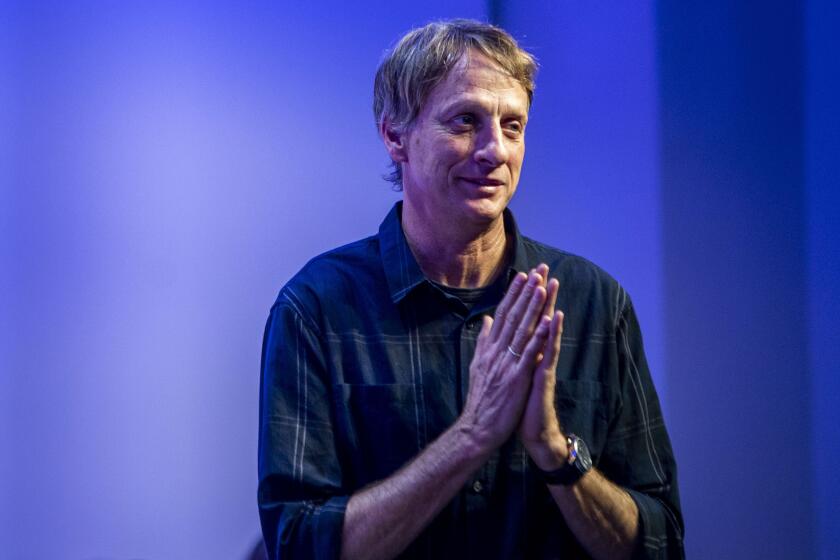 Tony Hawk acknowledges the crowd at the California Hall of Fame ceremony Dec. 10, 2019, in Sacramento.