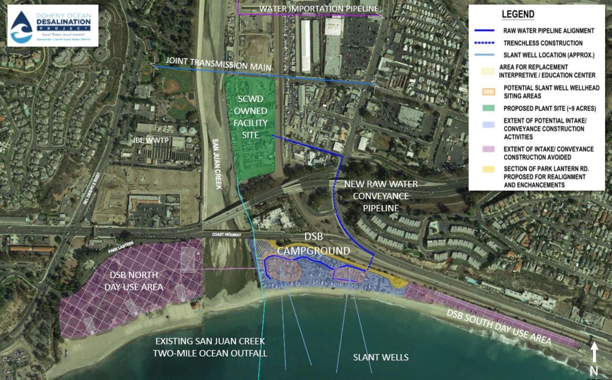 A site map for the proposed Doheny desalination plant shows how pipelines will travel from the ocean to the facility.