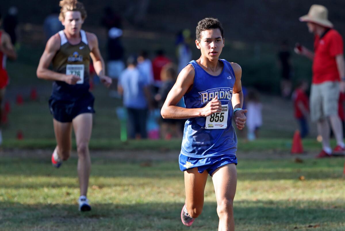 Fountain Valley's Benjamin Prado (855) competes in the Central Park Invitational boys' Section 1 race on Oct. 2.