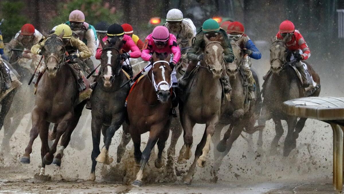 Maximum Security, center, was disqualified after appearing to win the Kentucky Derby on May 4. The horse's owners have filed suit in U.S. District Court to overturn the ruling.