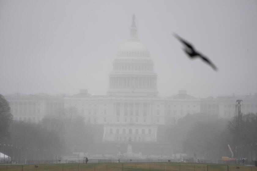 A person carrying an umbrella walks across the National Mall as the Capitol is seen in the rain and mist, Tuesday, March 5, 2024, in Washington. President Joe Biden and former President Donald Trump are poised to move much closer to winning their party's nominations during the biggest day of the primary campaign on Tuesday, setting up a historic rematch that many voters would rather not endure. (AP Photo/Mark Schiefelbein)