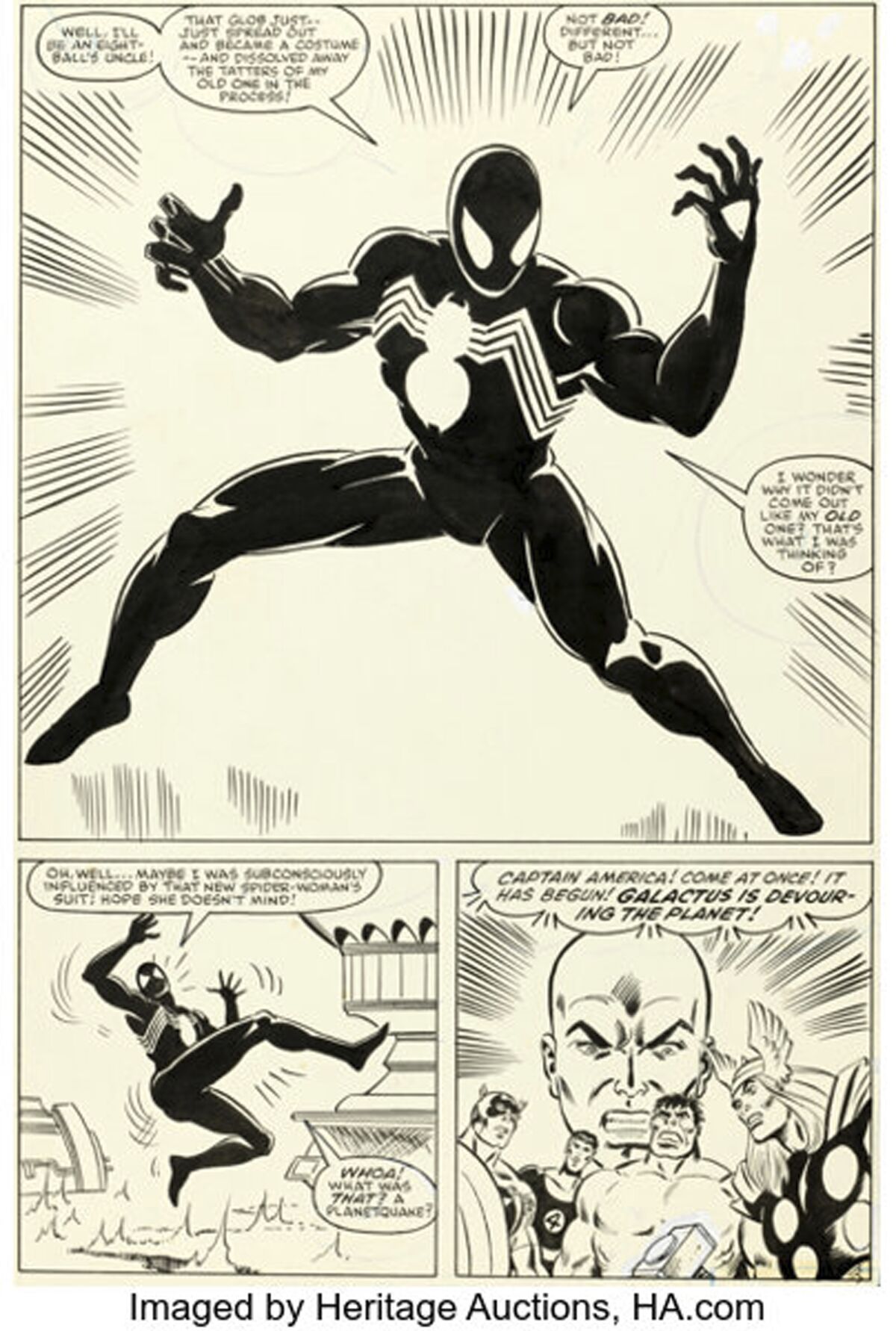 This image provided by Heritage Auctions shows Page 25 from the 1984 Marvel comic Secret Wars No. 8, which tells the origin story of Spider-Man's now-iconic black costume. (Heritage Auctions via AP)
