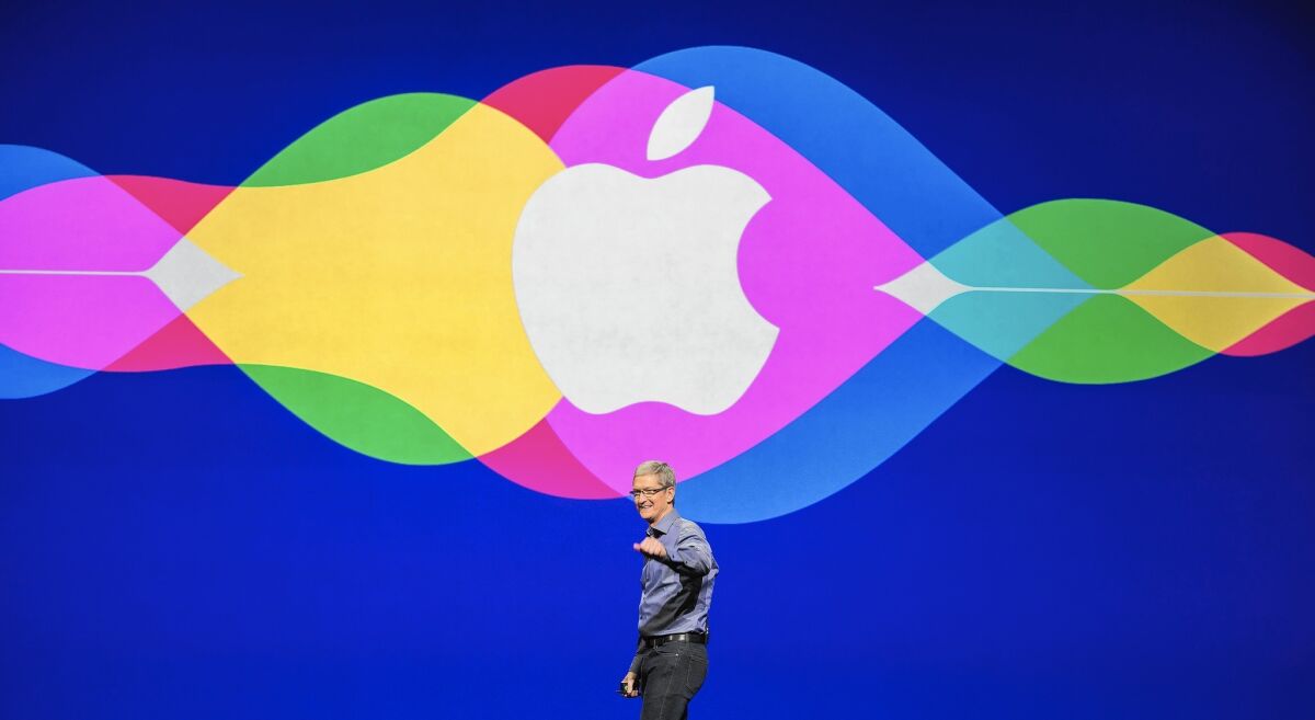 Apple Chief Executive Tim Cook goes onstage at a media event in San Francisco this month to introduce new products.