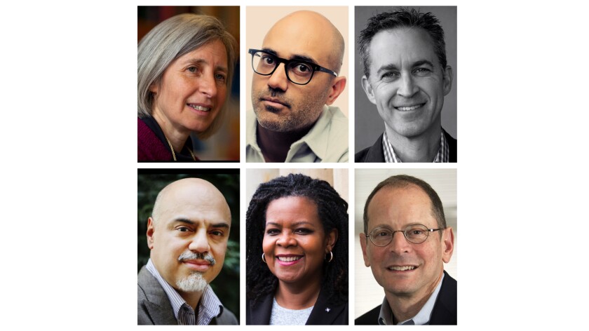 Panelists, clockwise from top left: Martha Minow, Ayad Akhtar, David Kaye, Jonathan Rauch, Annette Gordon-Reed, Héctor Tobar.